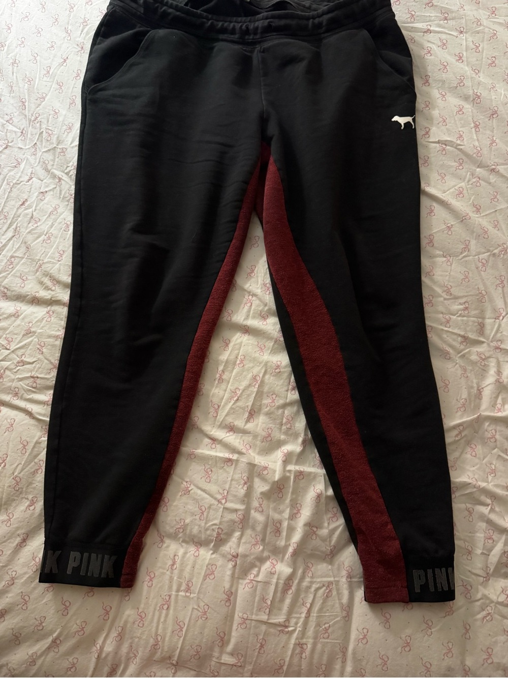 PINK Victoria's Secret Black Joggers with Maroon Side Panels